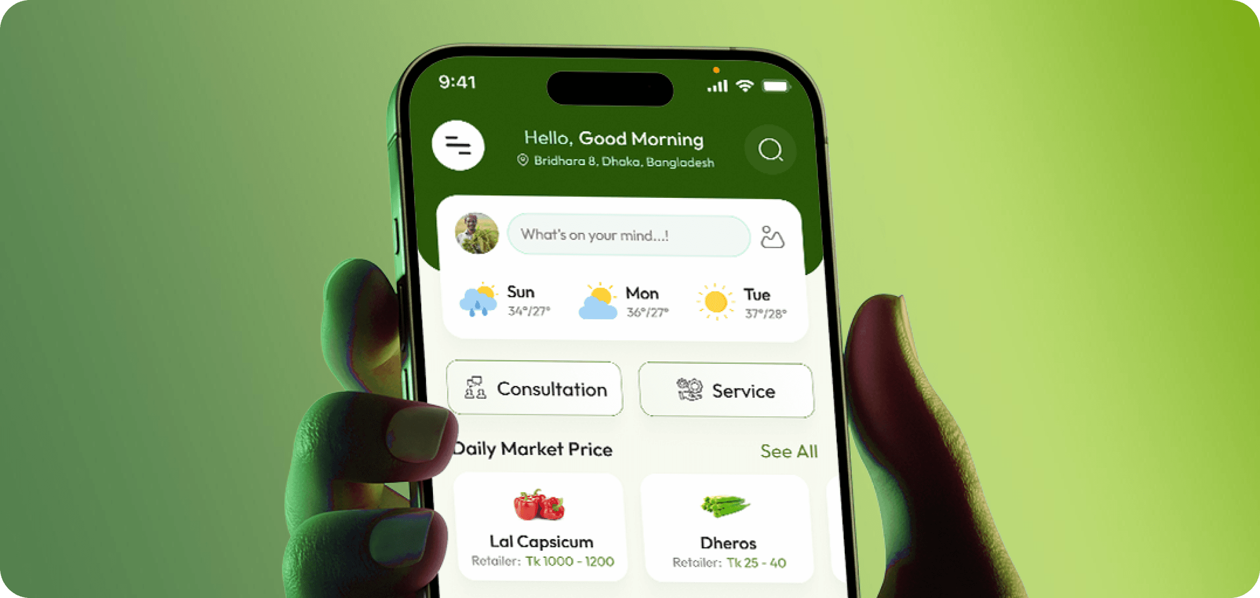 Agrigate mobile app showing market prices, weather, and farmer tools