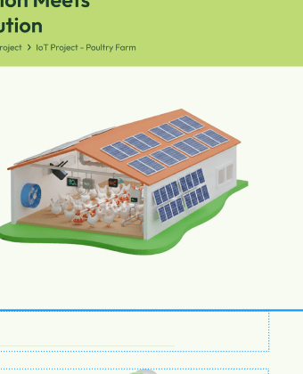 Isometric illustration of a smart poultry barn with solar panels and IoT sensors