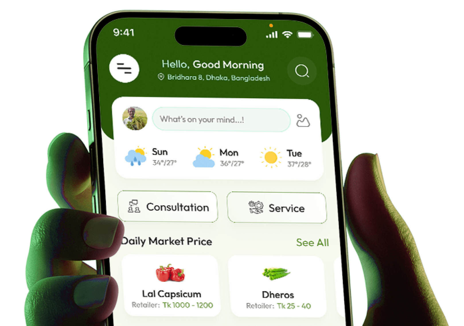 Agrigate mobile app showing weather, consultation, and daily market prices